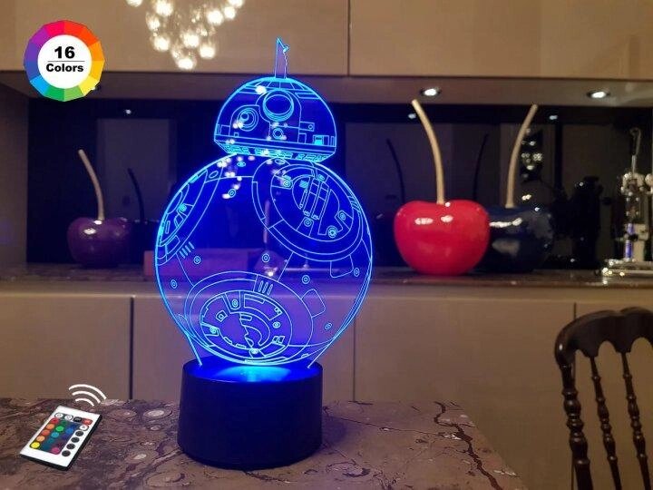 3D нічник "BB 8" (ЗБІЛЬШЕНИЙ ЗОБРАЖЕННЯ) + пульт ДК + мережевий адаптер + батарейки (3ААА) 3DTOYSLAMP від компанії Polmart - фото 1