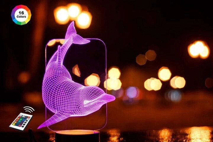 3D нічник "Дельфін" (ЗБІЛЬШЕНИЙ ЗОБРАЖЕННЯ)+ пульт ДК + мережевий адаптер + батарейки (3ААА) 3DTOYSLAMP від компанії Polmart - фото 1