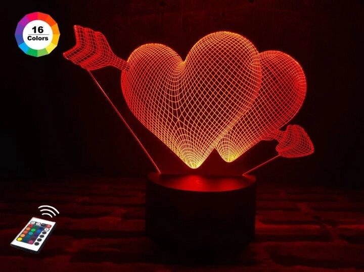 3D нічник "Два серця зі стрілою" (ЗБІЛЬШЕНИЙ ЗОБРАЖЕННЯ) + пульт ДК + мережевий адаптер + батарейки (3ААА) від компанії Polmart - фото 1