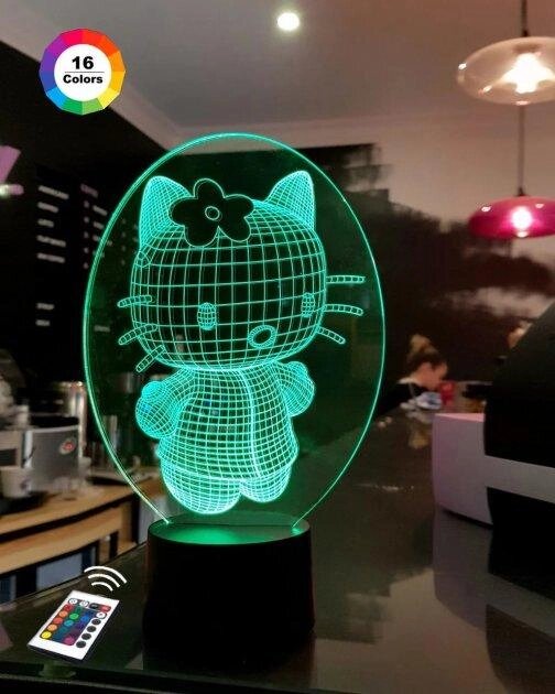 3D нічник "Kitty 2" (ЗБІЛЬШЕНИЙ ЗОБРАЖЕННЯ) + пульт ДК + мережевий адаптер + батарейки (3ААА) 3DTOYSLAMP від компанії Polmart - фото 1