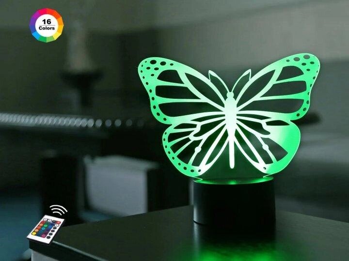 3D нічник "Метелик 2" (ЗБІЛЬШЕНИЙ ЗОБРАЖЕННЯ) + пульт ДК + мережевий адаптер + батарейки (3ААА) 3DTOYSLAMP від компанії Polmart - фото 1