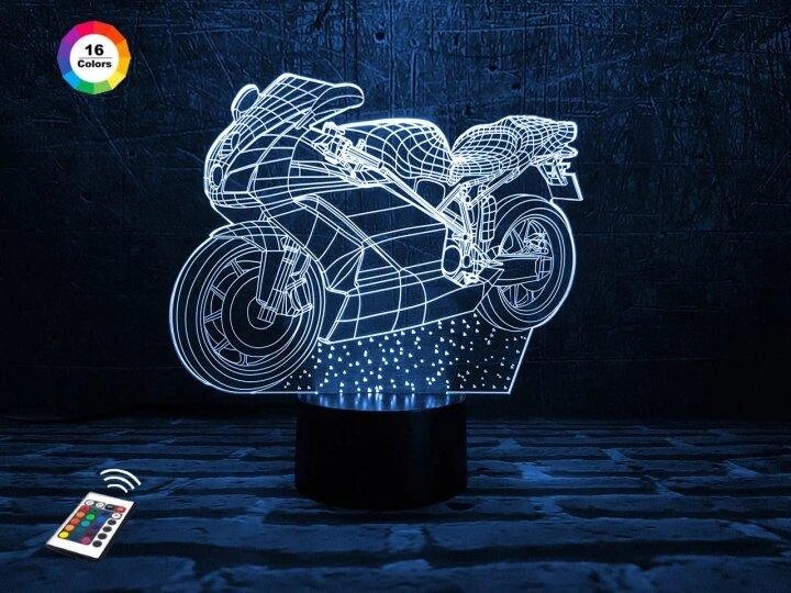 3D нічник "Мотоцикл 2" (ЗБІЛЬШЕНИЙ ЗОБРАЖЕННЯ) + пульт ДК + мережевий адаптер + батарейки (3ААА) 3DTOYSLAMP від компанії Polmart - фото 1