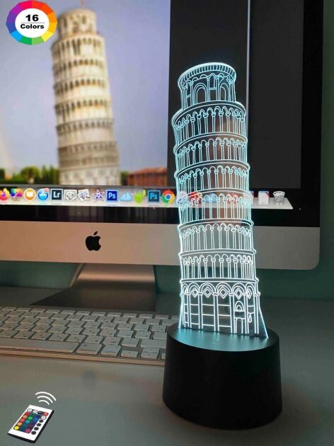3D нічник "Пізанська Вежа" (ЗБІЛЬШЕНИЙ ЗОБРАЖЕННЯ)+пульт ДК +мережевий адаптер +батарейки (3ААА) 3DTOYSLAMP від компанії Polmart - фото 1