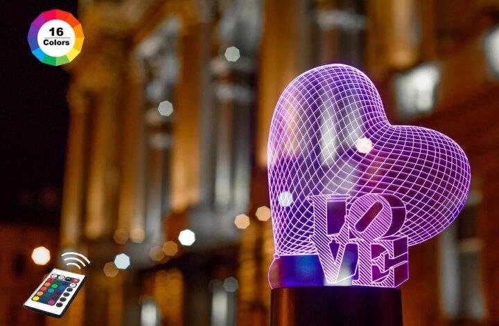 3D нічник "Серце LOVE" (ЗБІЛЬШЕНЕ ЗОБРАЖЕННЯ)+ пульт ДК + мережевий адаптер + батарейки (3ААА) 3DTOYSLAMP від компанії Polmart - фото 1