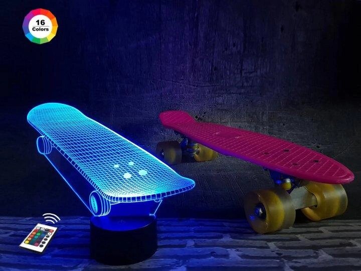 3D нічник "Скейт" (ЗБІЛЬШЕНИЙ ЗОБРАЖЕННЯ) + пульт ДК + мережевий адаптер + батарейки (3ААА) 3DTOYSLAMP від компанії Polmart - фото 1