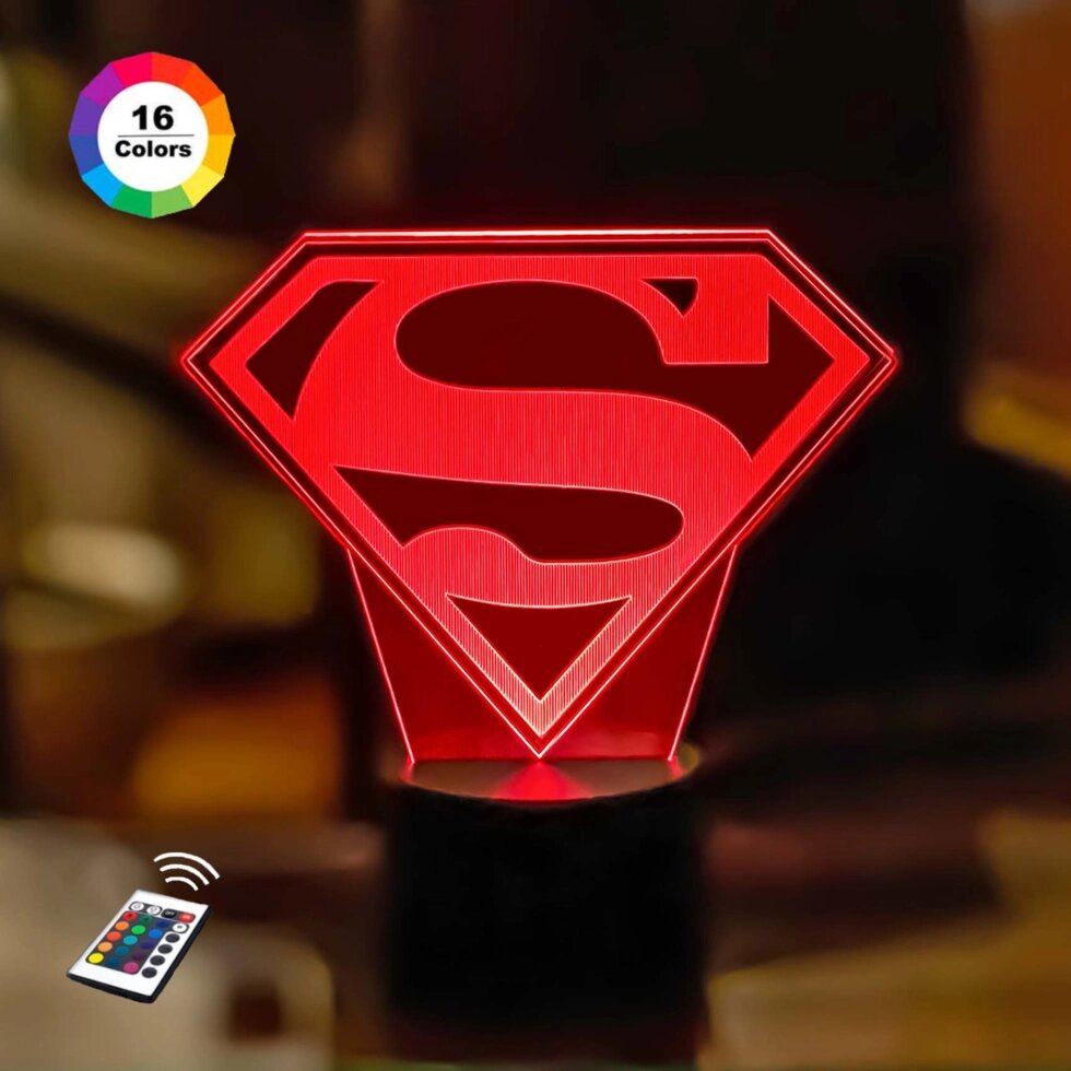 3D нічник "Знак Супермена" (ЗБІЛЬШЕНИЙ ЗОБРАЖЕННЯ)+ мережевий адаптер + батарейки (3ААА) 3DTOYSLAMP від компанії Polmart - фото 1