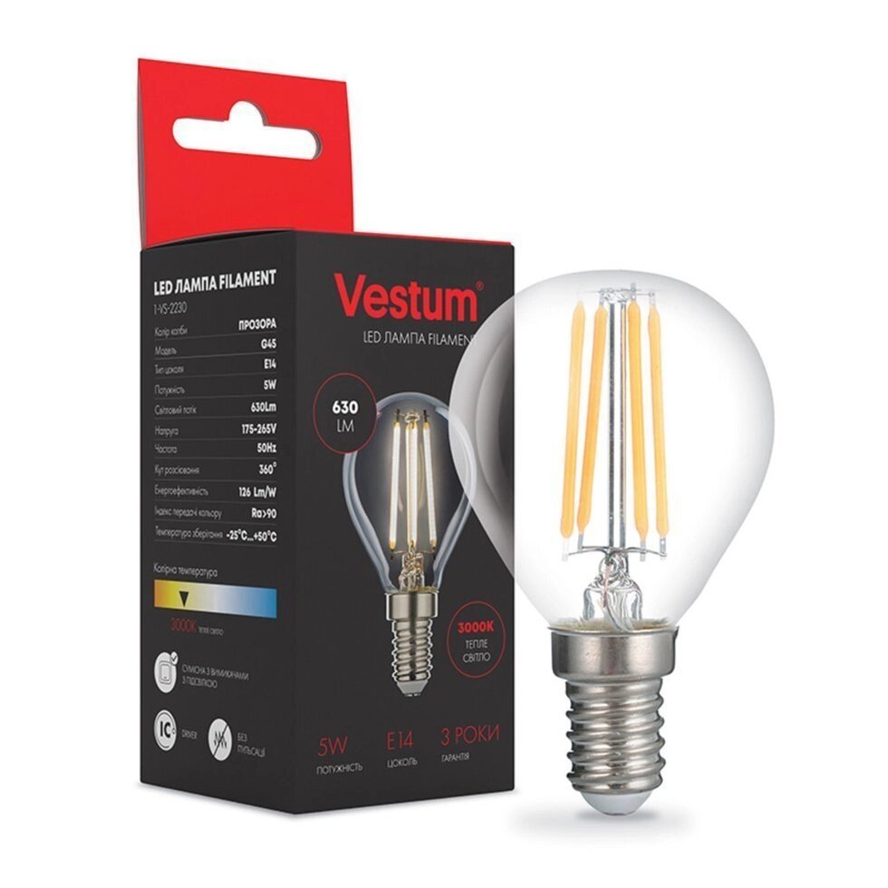 Лампа LED Vestum філамент G45 Е14 4Вт 220V 3000К від компанії Polmart - фото 1