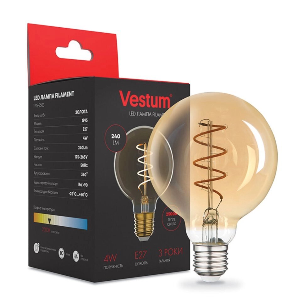 Лампа LED Vestum філамент "вінтаж" golden twist G95 Е27 4Вт 220V 2500К від компанії Polmart - фото 1