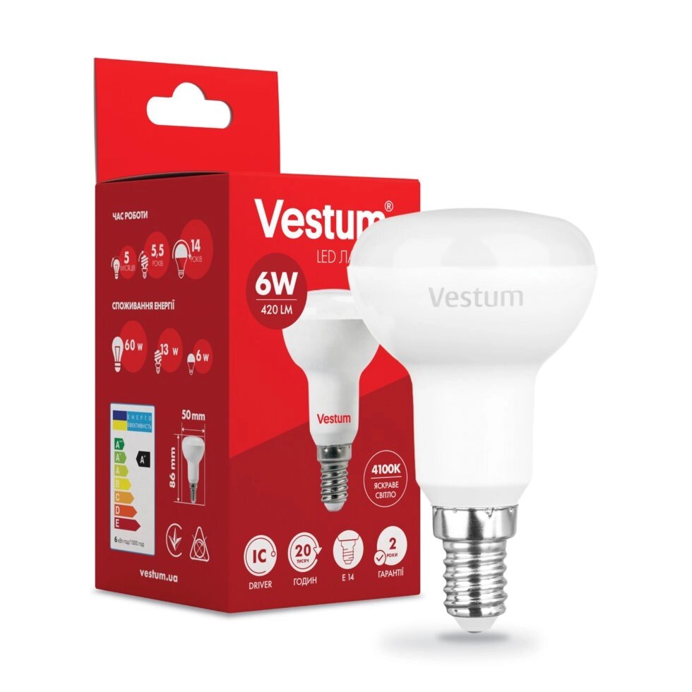 Лампа LED Vestum R50 6W 4100K 220V E14 від компанії Polmart - фото 1