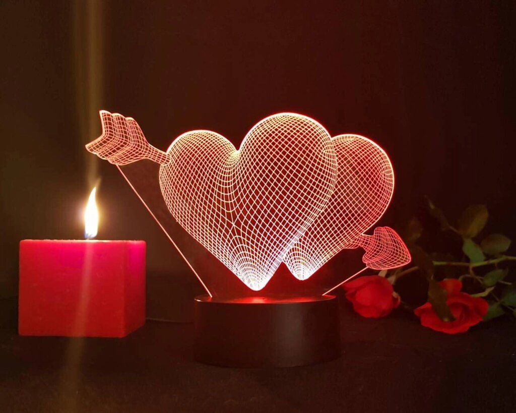 Нічник 3D світильник "2 серця зі стрілою" 3D Creative від компанії Polmart - фото 1