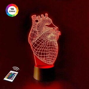 3D нічник "Серце 2" (ЗБІЛЬШЕНЕ ЗОБРАЖЕННЯ) + пульт ДК + мережевий адаптер + батарейки (3ААА) 3DTOYSLAMP