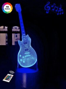 3D ночник "Гитара 4" (УВЕЛИЧЕННОЕ ИЗОБРАЖЕНИЕ) + пульт ДУ + сетевой адаптер + батарейки (3ААА)  3DTOYSLAMP