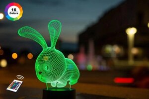 3D нічник "Кролик" (ЗБІЛЬШЕНИЙ ЗОБРАЖЕННЯ) + пульт ДК + мережевий адаптер + батарейки (3ААА) 3DTOYSLAMP