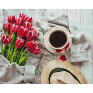 Алмазна мозаїка "Чашка кави і рожеві тюльпани" Brushme DBS1048 40х50 см