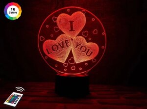 3D нічник "Серця в колі "I love you"" (ЗБІЛЬШЕНИЙ ЗОБРАЖЕННЯ)+пульт ДК+мережевий адаптер+батарейки (3ААА)
