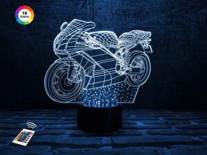 3D нічник "Мотоцикл 2" (ЗБІЛЬШЕНИЙ ЗОБРАЖЕННЯ) + пульт ДК + мережевий адаптер + батарейки (3ААА) 3DTOYSLAMP
