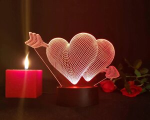 Ночник 3D светильник «2 сердца со стрелой» 3D Creative
