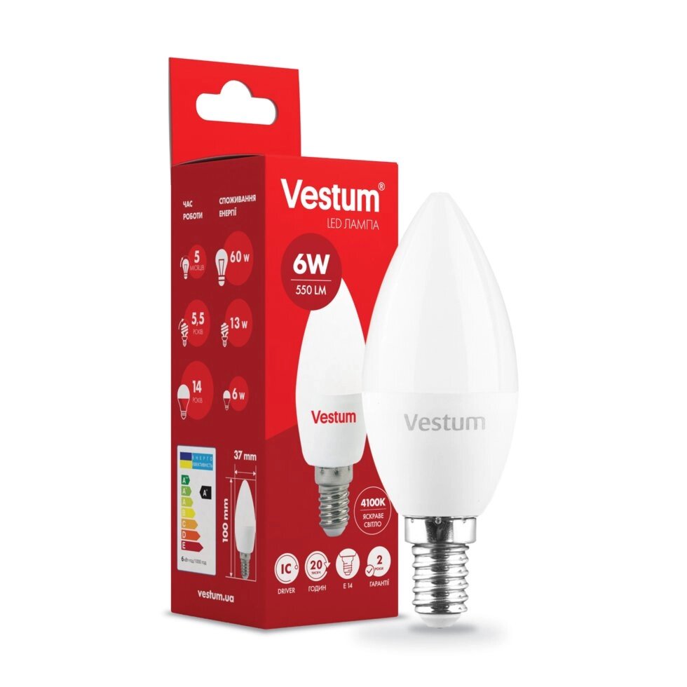 Лампа LED vestum C37 6W 4100K 220V E14 - акції