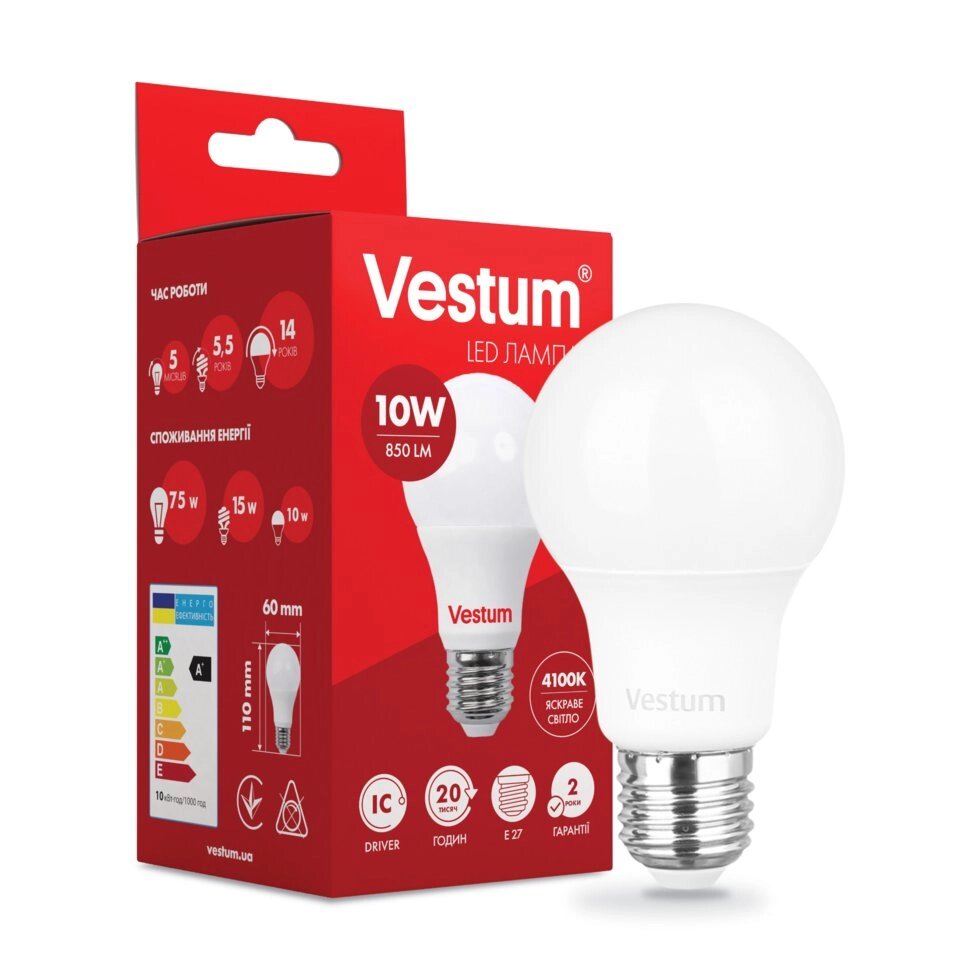 Світлодіодна лампа Vestum LED A60 10W 4100K 220V E27 від компанії Polmart - фото 1