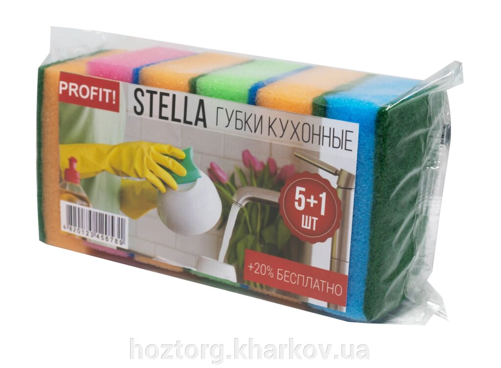 Губка кухонна Stella 5+1 6 шт/уп (90*60*30 мм) (PROFIT) від компанії Інтернет-магазин Хозторг Харків. Господарські товари оптом - фото 1