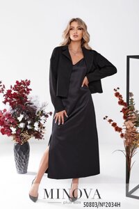 Довга чорна сукня з атласної тканини на тонких бретельках з розрізами 44 по 46 розмір