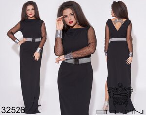 Довге чорне плаття з довгими рукавами з сітки і знімним поясом з 48 по 62 розмір
