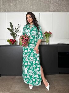 Літня жіноча сукня максі з розрізом та квітковим принтом з 48 по 62 розмір
