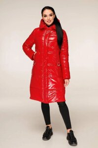 Подовжена зимова куртка з лакової плащовки з контрастною підкладкою з 44 по 56 розмір