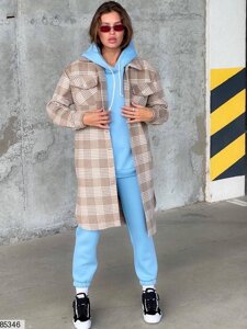 Стильне демісезонне пальто-сорочка в клітку без підкладки з 42 по 46 розмір