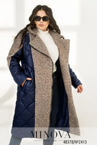 Стильне стьобане пальто з комбінацією двох тканин з косою блискавкою та відкладним коміром з 46 по 68 розмір