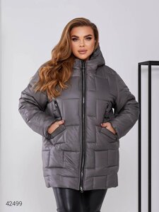Тепла жіноча стьобана куртка зі змійкою, кишенями і капюшоном с 48 по 58 розмір