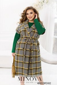 Жіночий жилет-пальто шерстяний демісезонний у клітинку із поясом та кишенями с 46 по 68 розмір