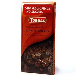 Torras Чорний шоколад з ШМАТОЧКАМИ КАКАО БОБОВ без цукру