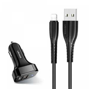 АЗП Usams Travel Car Charger Kit King Tu Series (U35 IP Cable 1M + C13 Dual USB Car Charger) Black