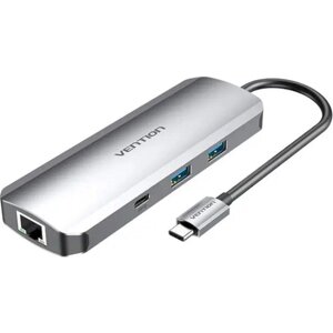 Хаб vention multi-function USB-C to HDMI/USB-C gen 1/USB3.0x2/RJ45/SD/TF/TRRS 3.5mm/PD docking station 0.15M