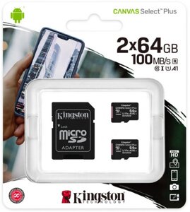 Картка пам'ятi kingston 64GB microsdhc 100R (SDCS2/64GB-2P1a)