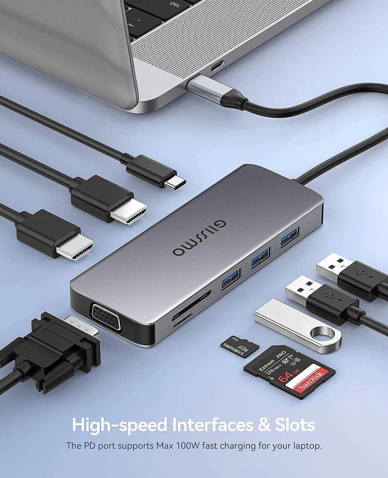 Док-станція USB C з двома моніторами, HDMI, VGA, 3 USB, PD від компанії ARTMOS - Інтернет магазин - фото 1