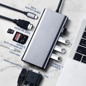 Hub хаб 11в1 переходник macbook ноутбук USB typec HDMI VGA RJ45 №3