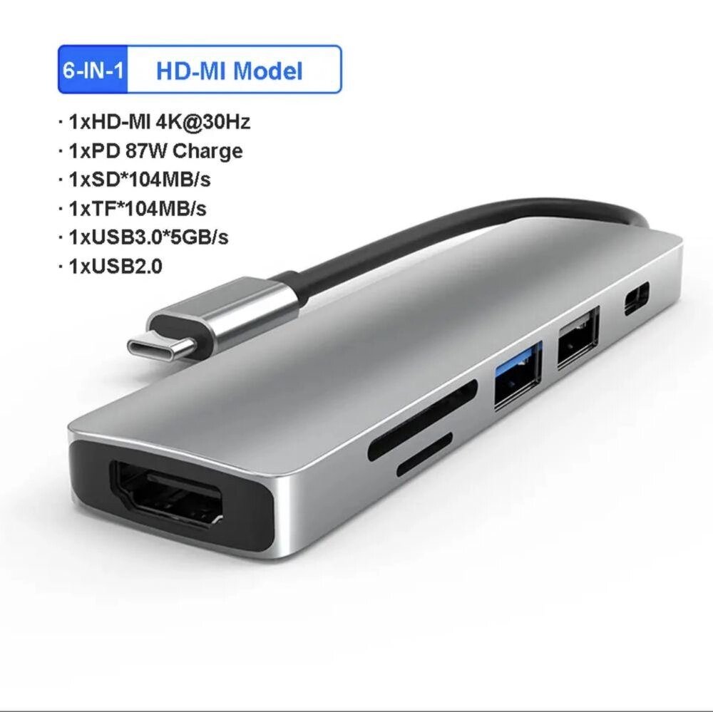 Hub Перехідник 6в1 MacBook Ноутбук TypeC-USB HDMI Type-C TF/SD (№45) від компанії ARTMOS - Інтернет магазин - фото 1