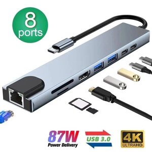 USB- концентратор 8 in 1, HDMI 4K, карт-рідер, RJ45, SD, TF, зарядка