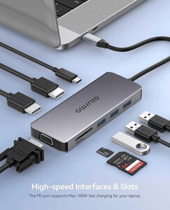 Док-станція USB C з двома моніторами, HDMI, VGA, 3 USB, PD