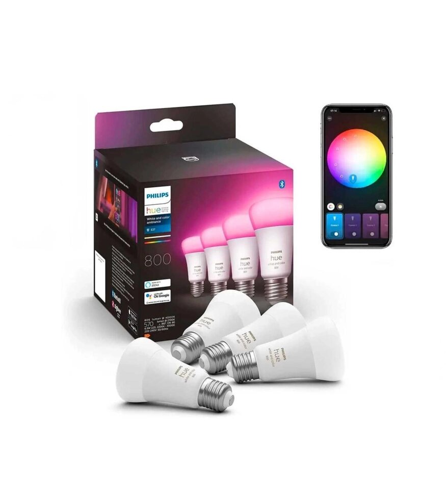 Розумні лампочки Philips Hue Color E27 806лм 60Вт 7W Apple HomeKit 4шт. від компанії ARTMOS - Інтернет магазин - фото 1