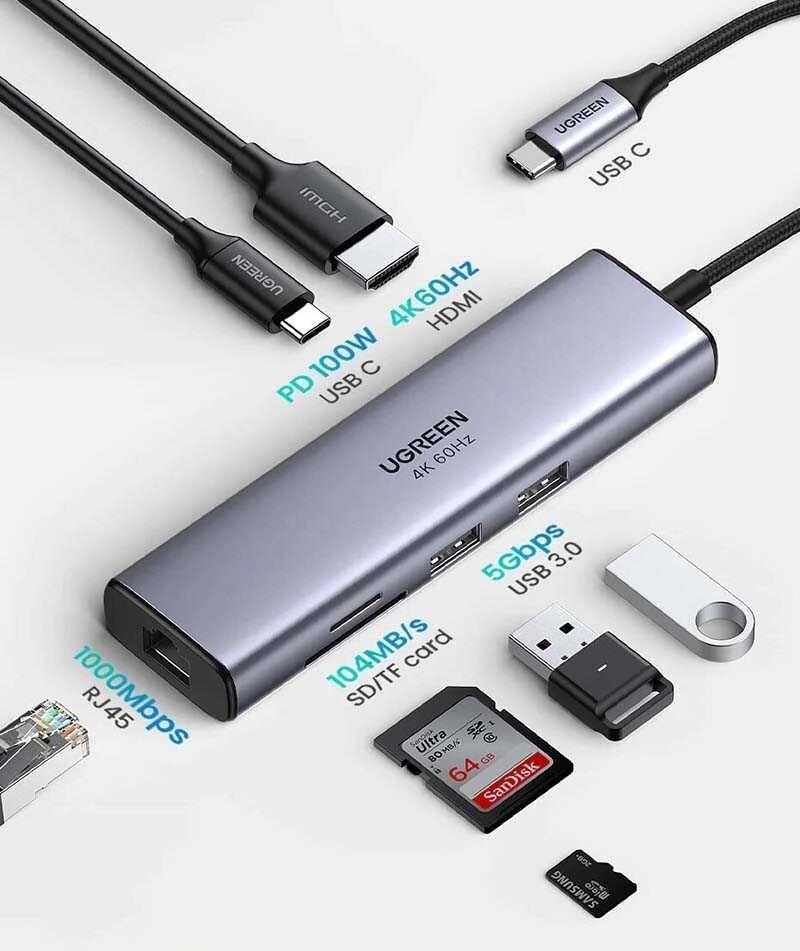 USB Хаб для Макбук Про 7-в-1 Ugreen USB-C RJ45 4K 60Hz HDMI PD 100W від компанії ARTMOS - Інтернет магазин - фото 1