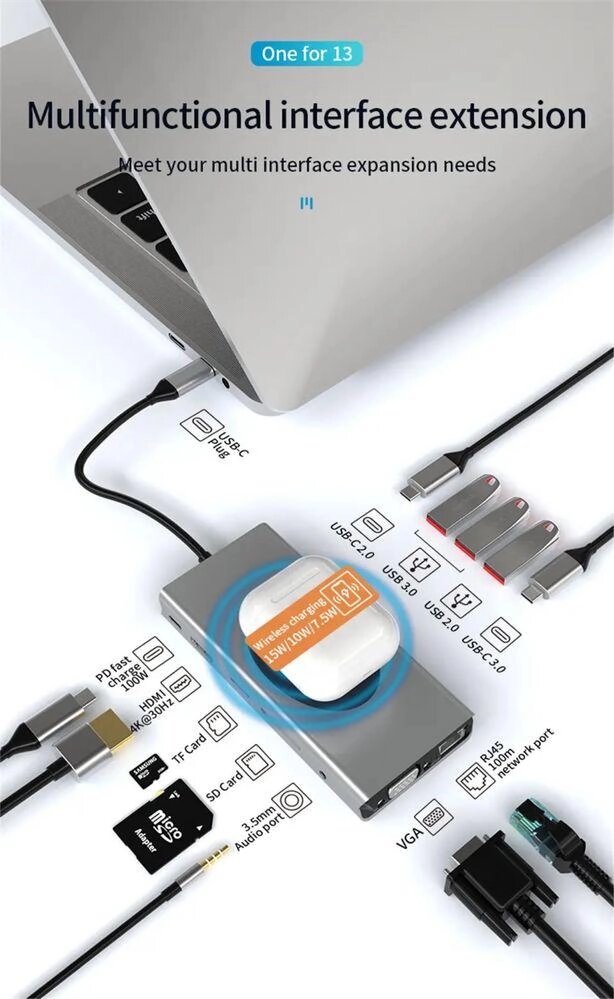 USB Hub 13в1 MacBook Ноутбук TypeC- TypeC PD USB HDMI VGA RJ45№14 від компанії ARTMOS - Інтернет магазин - фото 1