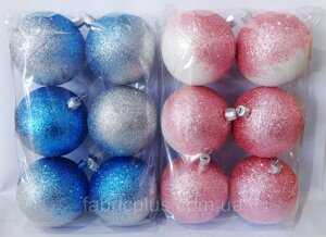 Новогодние шары 8 см амбре глиттер розовые/голубые (набор 6 шт)