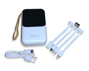 Power Bank Viaking Y148 10000 мАч портативний акумулятор зі світлодіодним дисплеєм ліхтариком і 4 кабелями: Білий