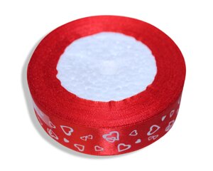 Стрічка атласна з білими сердечками 2.5см/23м: Червона