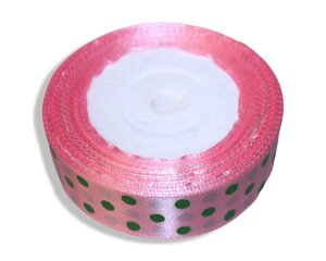 Стрічка атласна в горошок 2.5см/23м: Рожева в зелений горошок