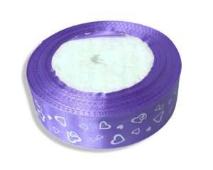 Стрічка атласна з білими сердечками 2.5см/23м: Сиренева