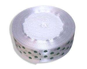 Стрічка атласна з листочками 2.5см/23м: Біла з зеленими листочками